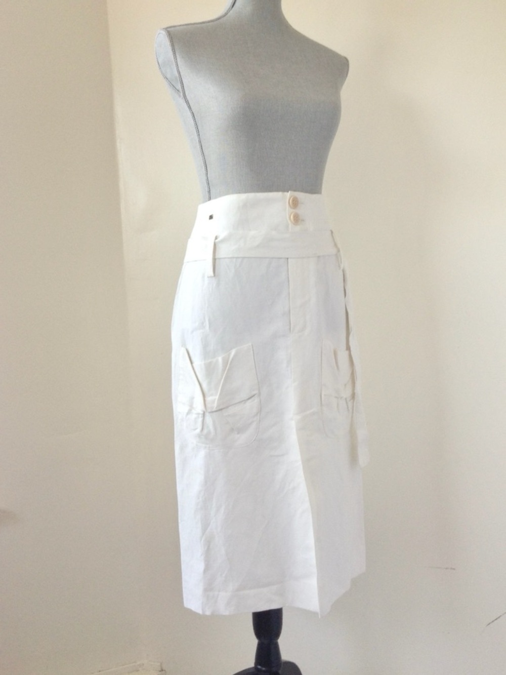 Vintage Sonia Rykiel Cream Linen Silk High Waist Midi Skirt FR 42 US 8 Pockets